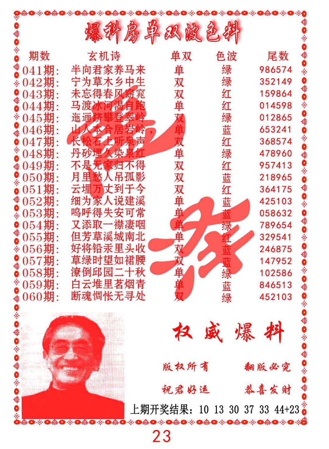 051期爆料房单双波色料[图]